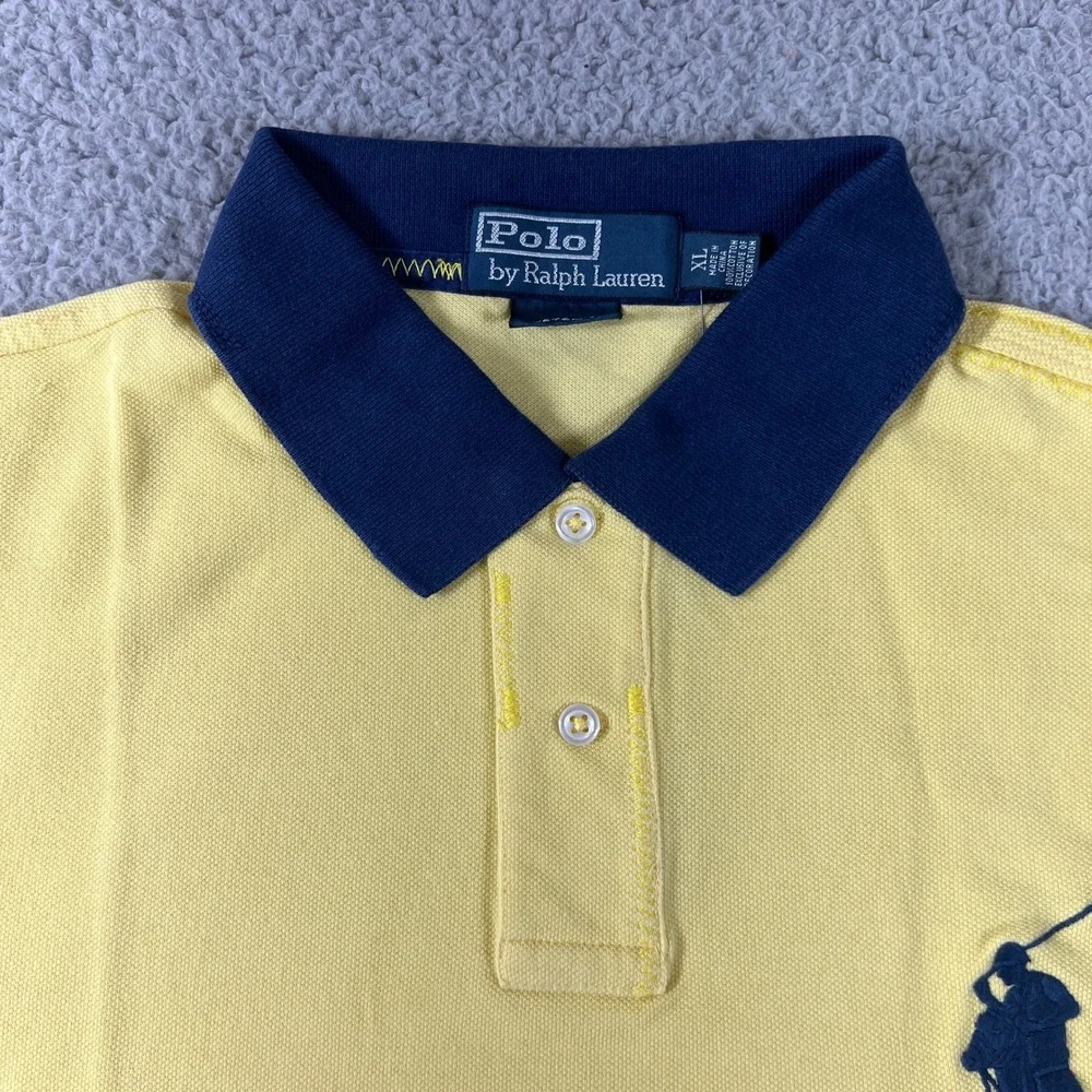 Polo Ralph Lauren Polo Shirt Mens XL Yellow Navy Big Pony Custom Fit Vintage NWT